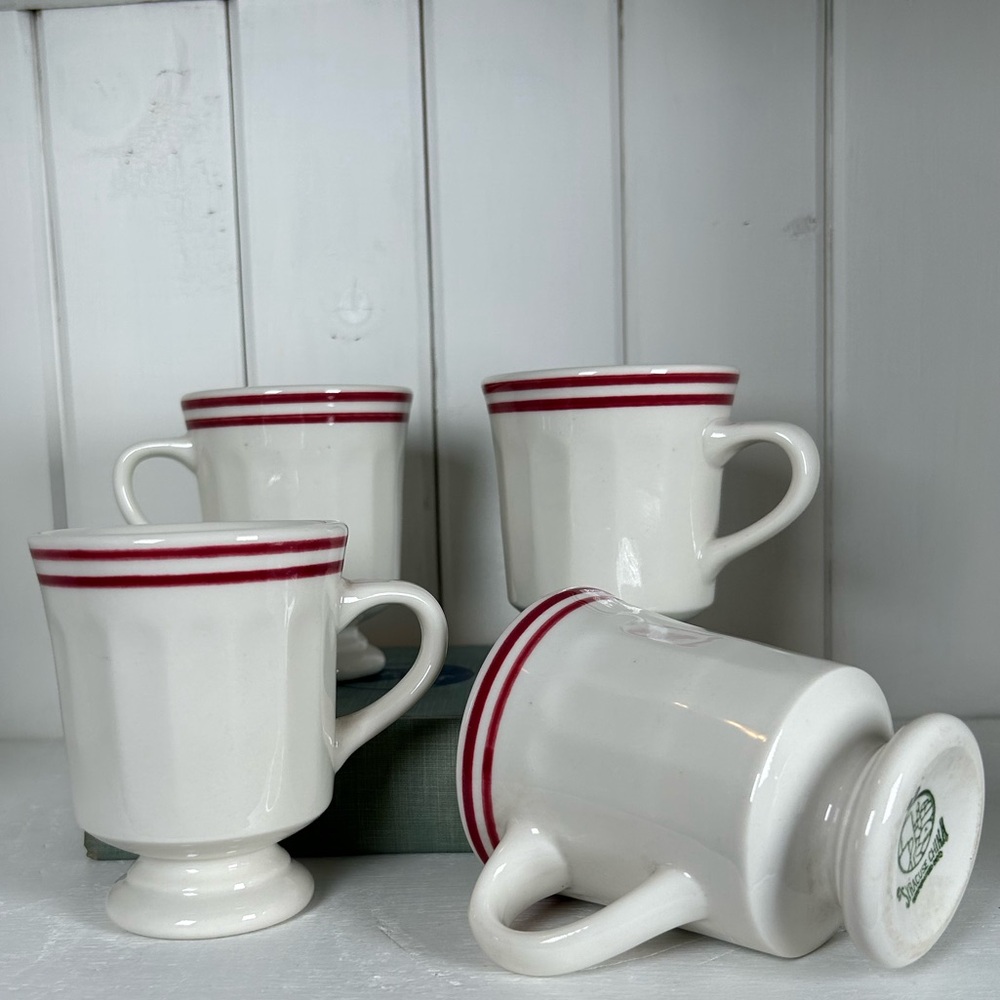 4 Syracuse China Pedestal Mugs with Red Bands - Vintage Restaurant Ware ☕️❤️